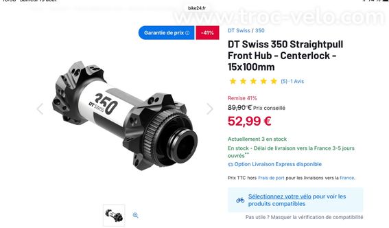 Paire de moyeux gravel ou route avant et arrière Dt swiss 350 straightpull 15/100 et 12/142 neuf - 10