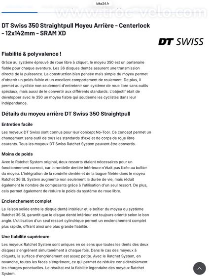 Paire de moyeux gravel ou route avant et arrière Dt swiss 350 straightpull 15/100 et 12/142 neuf - 12