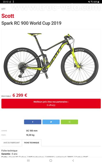 Vtt Scott Spark RC 900 World Cup 2019 taille M.. 10,3kg - 5