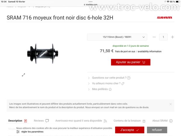 Moyeu sram MTH716 15/110 32 trous  - 5