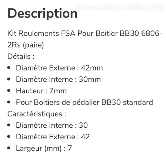 Kit de roulements FSA pour boîtier de pédalier BB306806-2RS  - 2