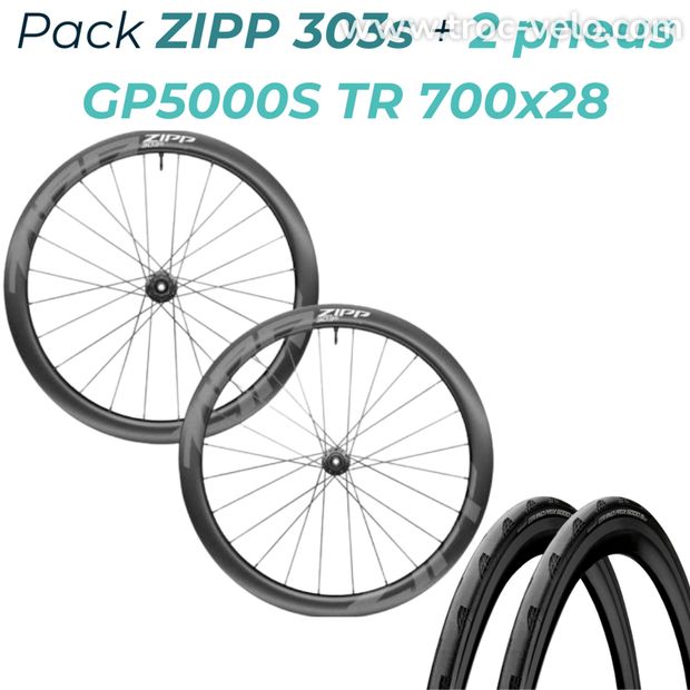 PACK PAIRE DE ROUES ZIPP 303 S DISQUE CENTERLOCK TUBELESS + 2 PNEUS CONTINENTAL GP 5000S TR 700X28 NOIR - 1