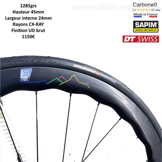 Roues carbone 45mm - Moyeux DT-Swiss 240 - Rayons Sapim CX-Ray - 1285grs